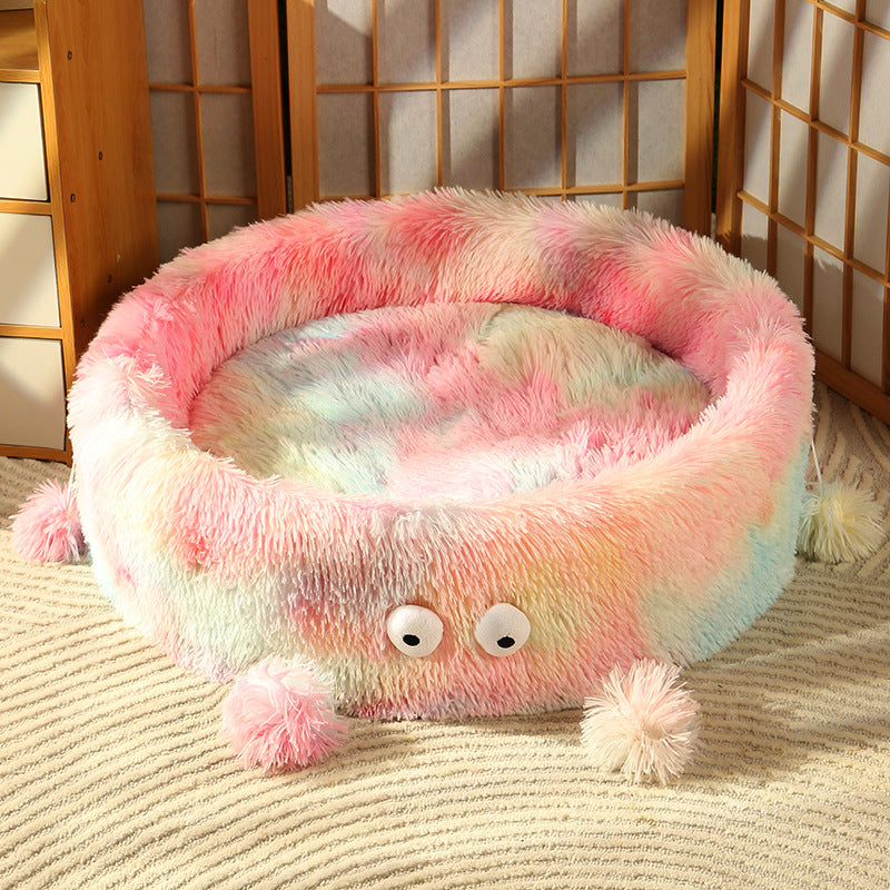 Cute Monster Round Warm Pet Bed: Snuggle Up Your Furry Friends!